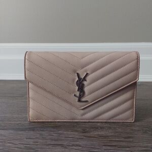 YSL Cassandre Envelope Chain Wallet Crossbody Bag Clutch Cream Beige Silver
